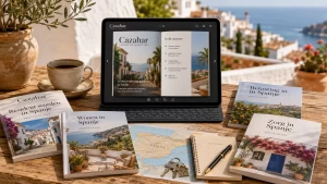 Tablet met digitaal Cazahar Emigratie Magazine tussen gidsen, kaart van Spanje, sleutels en koffie
