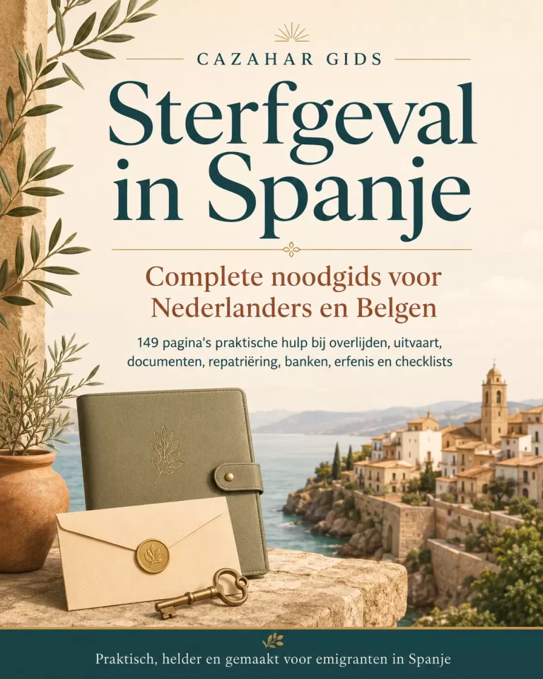 Productafbeelding van de Cazahar-gids Sterfgeval in Spanje, een complete noodgids voor Nederlanders en Belgen over overlijden, uitvaart, documenten, repatriëring, banken, erfenis en checklists in Spanje.